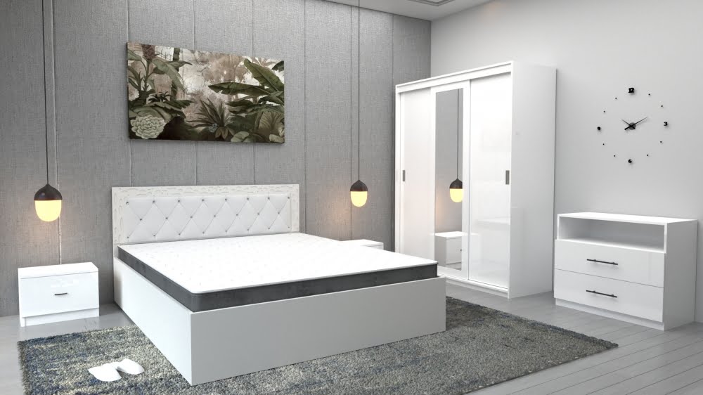 1-1.jpg Dormitor Royal Alb cu Comoda Tv Alba, Dulap Royal Alb, Pat Matrimonial Royal si Noptiere Albe - imagine 1