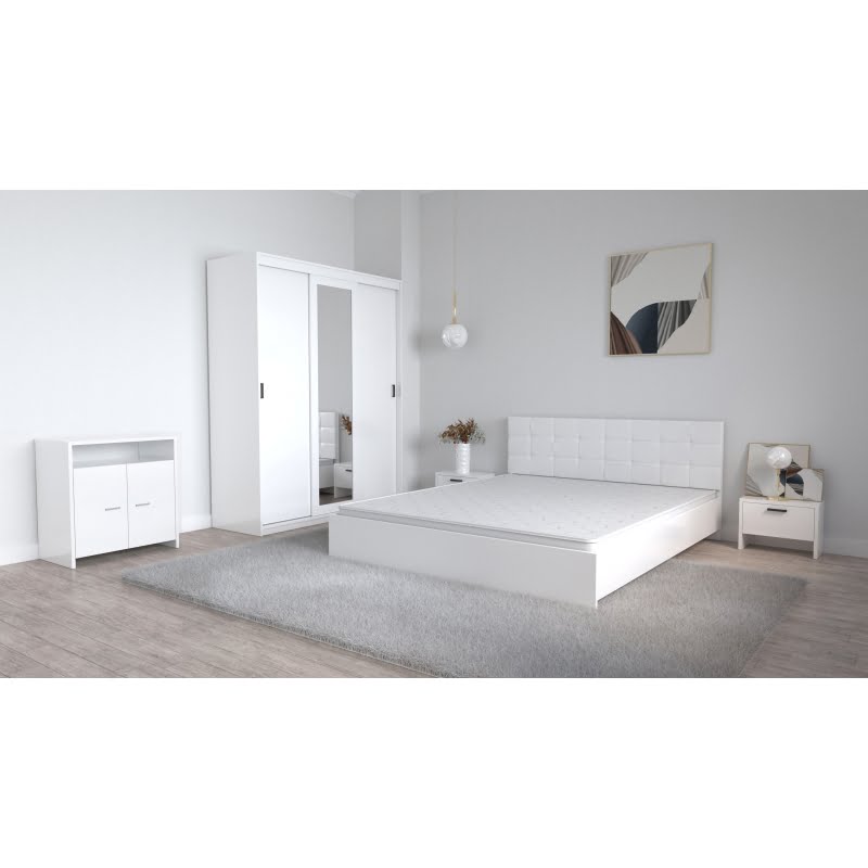 10-3.jpg Set Dormitor Coral Alb cu tablie tapitata Dressing 3 usi glisante cu oglinda Noptiere si Comoda Tv Lorena - imagine 1