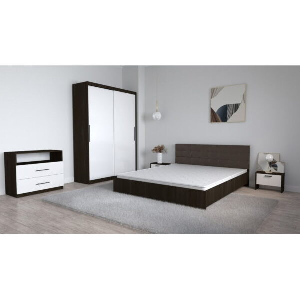 Set Dormitor Coral Wenghe cu tablie tapitata Wenghe Dressing 2 usi glisante fara oglinda Noptiere si Comoda TV Royal