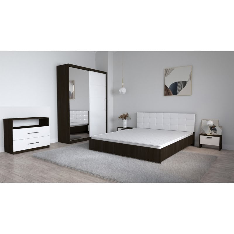 102.jpg Set Dormitor Coral Wenghe cu tablie tapitata Alba Dressing 2 usi glisante cu oglinda Noptiere si Comoda TV Royal - imagine 1