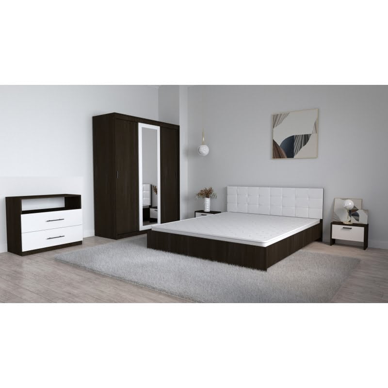 104.jpg Set Dormitor Coral Wenghe cu tablie tapitata Alba Dressing 3 usi glisante cu oglinda Noptiere si Comoda TV Royal - imagine 1