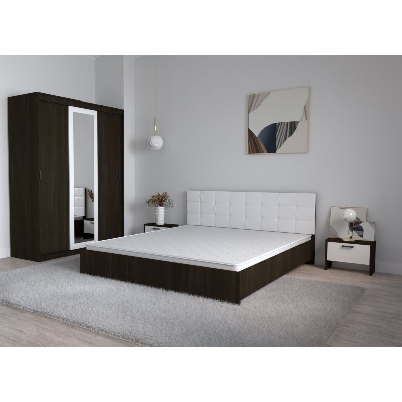 109.jpg Set Dormitor Coral Wenghe cu tablie tapitata Alba Dressing 3 usi glisante cu oglinda Noptiere fara Comoda TV - imagine 1