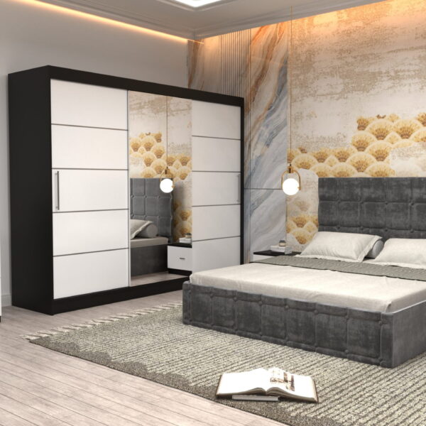Dormitor Regal cu Pat Matrimonial Gri  Stofa Dulap usi glisante 250 x 200 cm Wenghe cu usi Albe Cu Oglinda Noptiere si comoda TV
