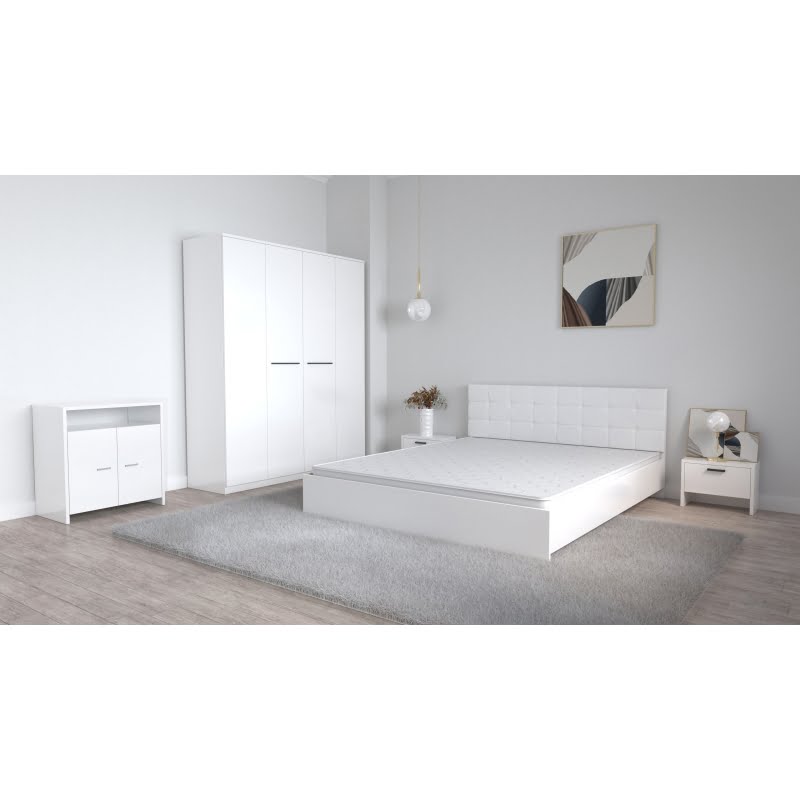 11-1.jpg Set Dormitor Coral Alb cu tablie tapitata Dulap Lorena 4 usi Noptiere si Comoda TV Lorena - imagine 1