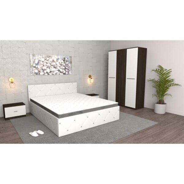 Dormitor Milano Alb Wenge cu Dulap 3 usi Wenge, Pat Matrimonial Alb si Noptiere Wenge