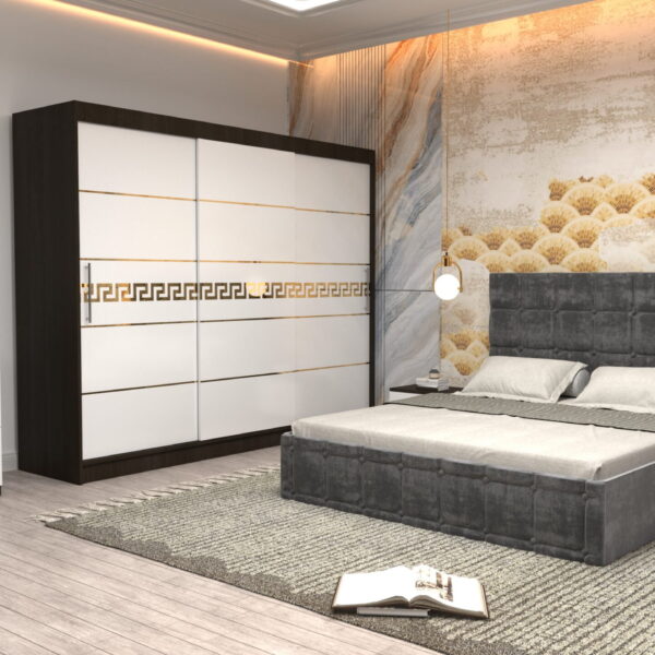 Dormitor Regal cu Pat Matrimonial Gri  Stofa Dulap Gold usi glisante 250 x 200 cm Wenghe cu usi Albe Fara Oglinda Noptiere si comoda TV