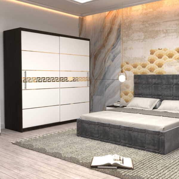 Dormitor Regal cu Pat Matrimonial Gri  Stofa Dulap Gold usi glisante 200 x 200 cm Wenghe cu usi Albe Fara Oglinda Noptiere si comoda TV