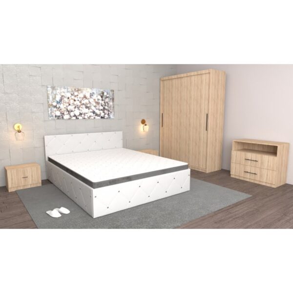 Dormitor Milano Sonoma Alb cu comoda Tv Sonoma,Dulap usi glisante fara oglinda,Pat Matrimonial Alb si Noptiere Sonoma