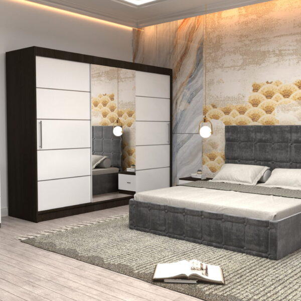 Dormitor Regal cu Pat Matrimonial Gri  Stofa Dulap usi glisante 250 x 200 cm Wenghe cu usi Albe Cu Oglinda Noptiere si comoda TV