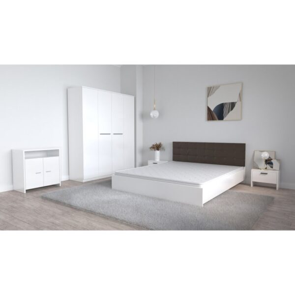 Set Dormitor Coral Alb cu tablie tapitata Magia Dulap Lorena 4 usi Noptiere si Comoda TV Lorena