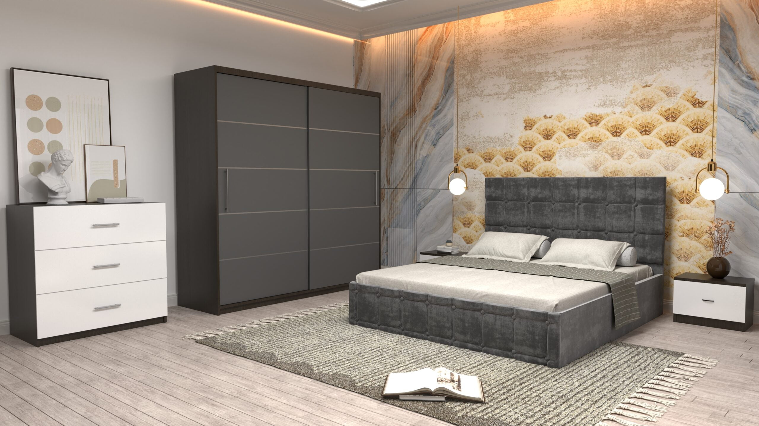 17j-scaled-1.jpg Dormitor Regal cu Pat Matrimonial Gri Stofa Dulap usi glisante 200 x 200 cm Wenghe cu usi Gri Fara Oglinda Noptiere si comoda TV - imagine 1