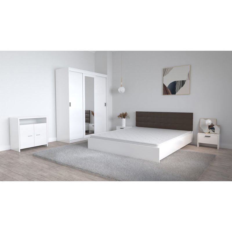 19-1.jpg Set Dormitor Coral Alb cu tablie tapitata Magia Dressing 3 usi glisante cu oglinda Noptiere si Comoda TV Lorena - imagine 1