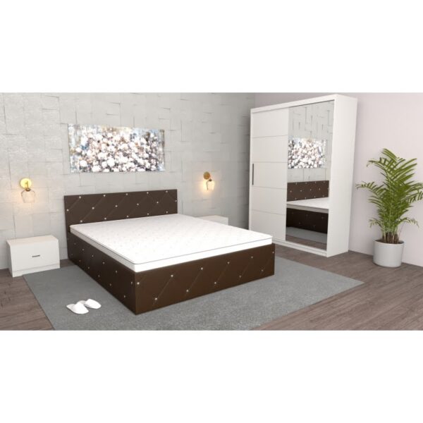 Dormitor Milano Wenge Alb cu Dulap usi glisante cu oglinda Alb, Pat Matrimonial Wenge si Noptiere Albe