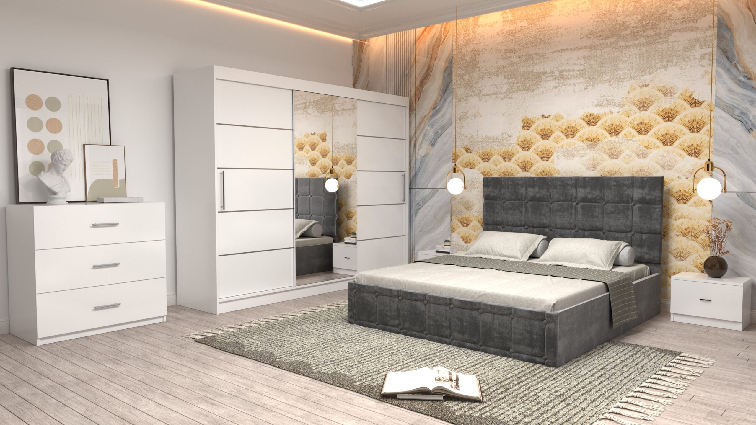 1j-scaled-1.jpg Dormitor Regal cu Pat Matrimonial Gri Stofa Dulap usi glisante 250 x 200 cm Alb cu usi Albe Cu Oglinda Noptiere si comoda TV - imagine 1
