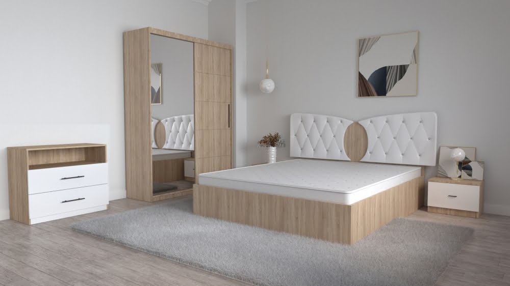 2-10.jpg Dormitor Kent Sonoma Alb cu Pat Matrimonial 160 cm x 200 cm Dulap 2 usi Glisante cu Oglinda Noptiere si Comoda tv Royal - imagine 1