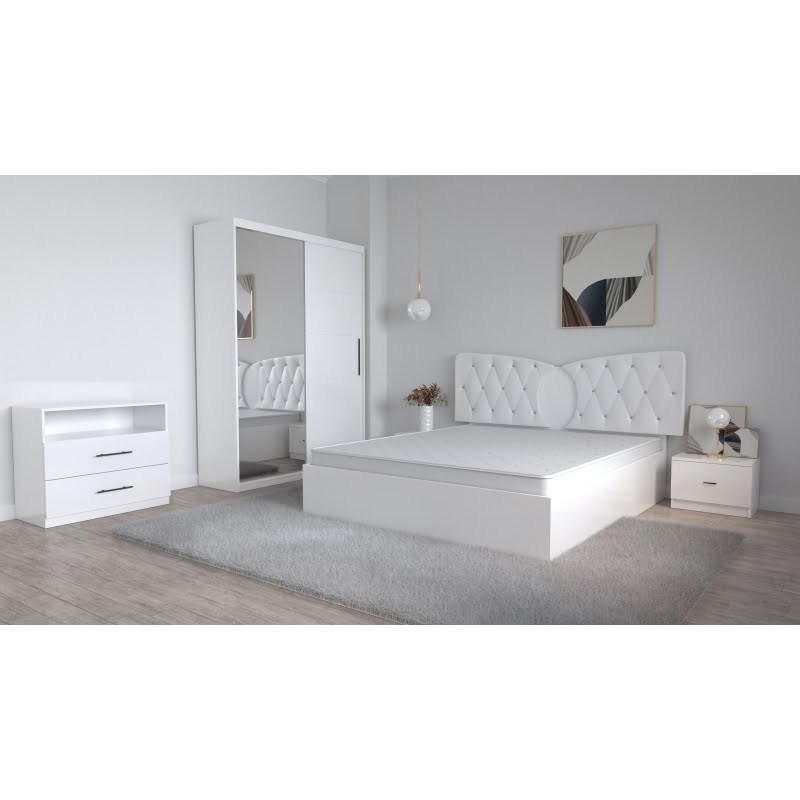 2-11.jpg Dormitor Kent Alb cu Pat Matrimonial 160 cm x 200 cm Dulap 2 usi Glisante cu Oglinda Noptiere si Comoda Tv Royal - imagine 1