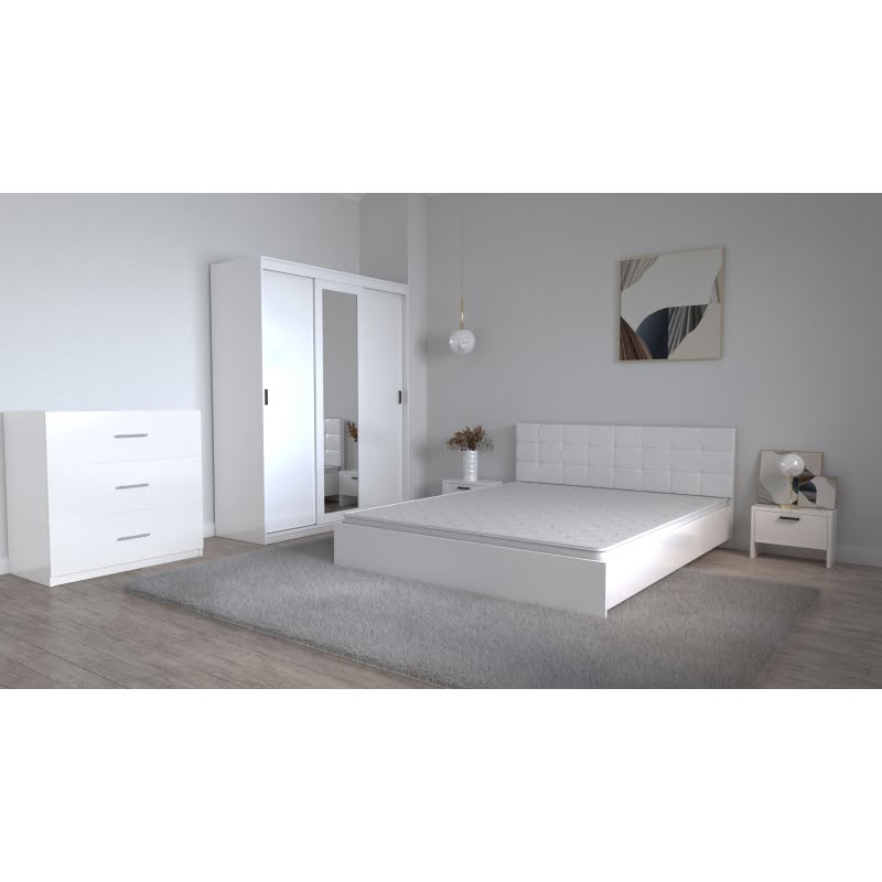 2-12-1.jpg Set Dormitor Coral Alb cu tablie tapitata Dressing 3 usi glisante cu oglinda Noptiere si Comoda Tv 3 sertare - imagine 1
