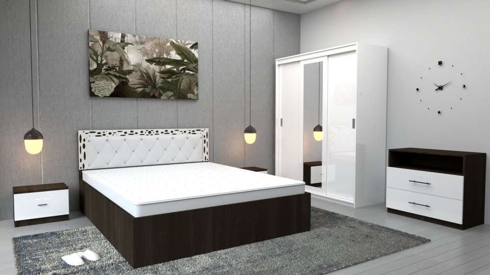 2-4-1.jpg Dormitor Royal Wenge Alb cu comoda Tv Wenge, Dulap Royal Alb, Pat Matrimonial Wenge si Noptiere Wenge - imagine 1