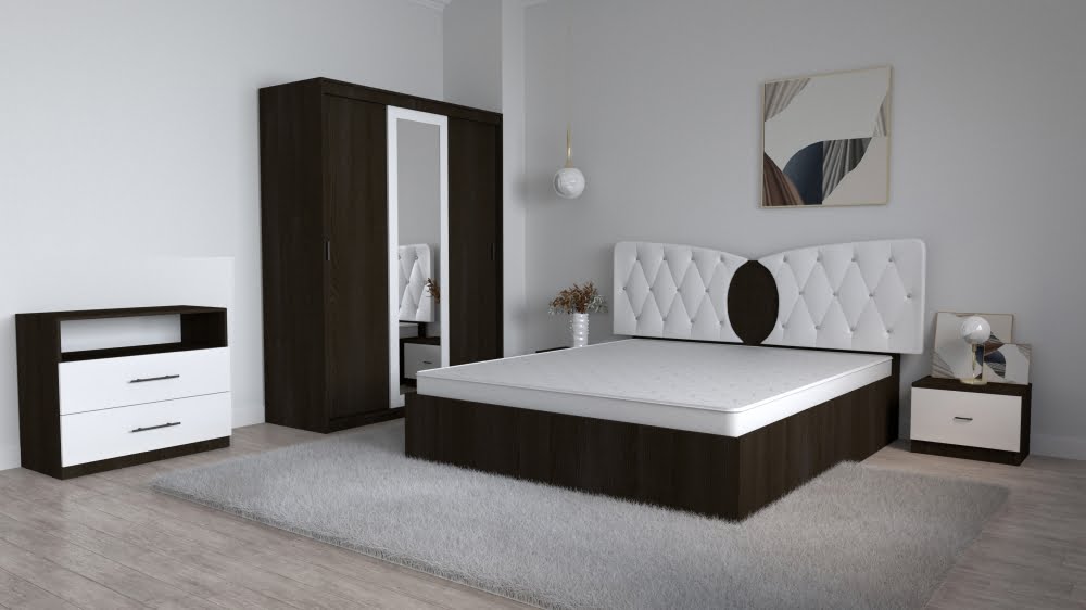 2-5.jpg Dormitor Kent Magia Alb cu Pat Matrimonial 160 cm x 200 cm Dulap 3 usi Glisante Noptiere si Comoda Tv Royal - imagine 1