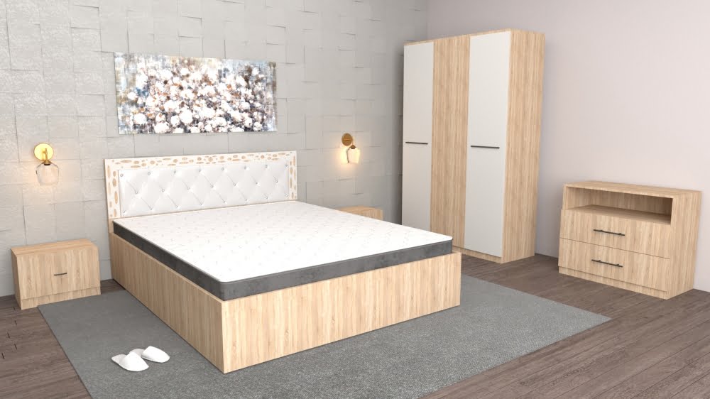 2-8-1.jpg Dormitor Royal Alb Sonoma cu comoda Tv Sonoma,Pat Matrimonial Sonoma,Dulap 3 usi Alb Sonoma si Noptiere Sonoma - imagine 1