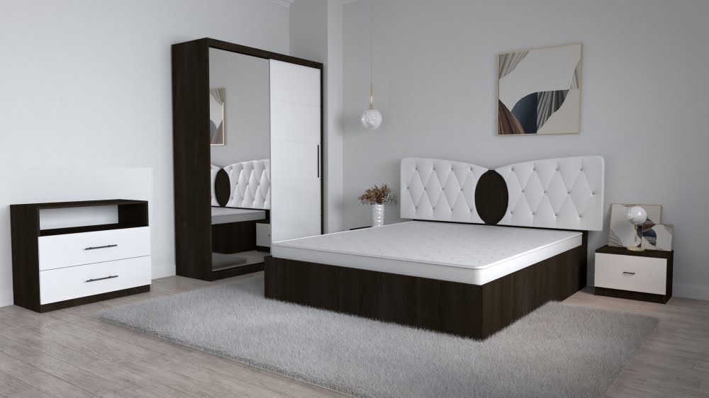 2-9.jpg Dormitor Kent Magia Alb cu Pat Matrimonial 160 cm x 200 cm Dulap 2 usi Glisante cu Oglinda Noptiere si Comoda Tv Royal - imagine 1