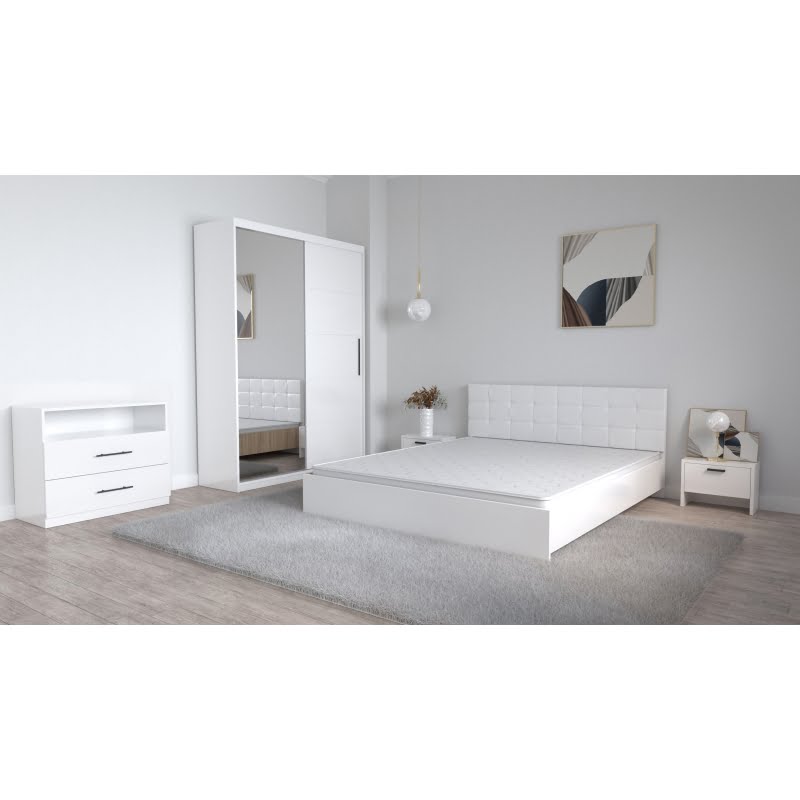 20-1.jpg Set Dormitor Coral Alb cu tablie tapitata Dressing 2 usi glisante cu oglinda Noptiere si Comoda TV Royal - imagine 1