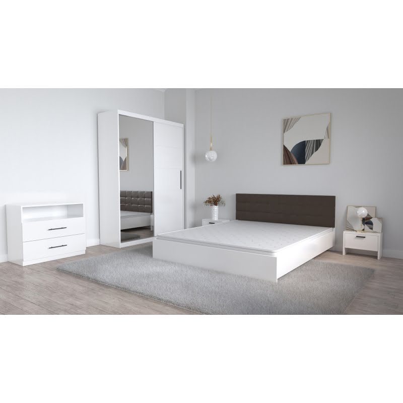 25-1.jpg Set Dormitor Coral Alb cu tablie tapitata Wenghe Dressing 2 usi glisante cu oglinda Noptiere si Comoda TV Royal - imagine 1