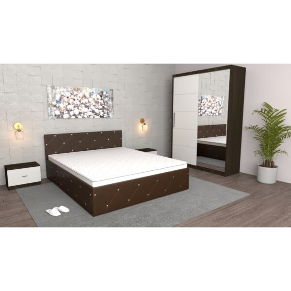 Dormitor Milano Wenge cu Dulap Usi Glisante cu oglinda, Pat Matrimonial Wenge si Noptiere Wenge