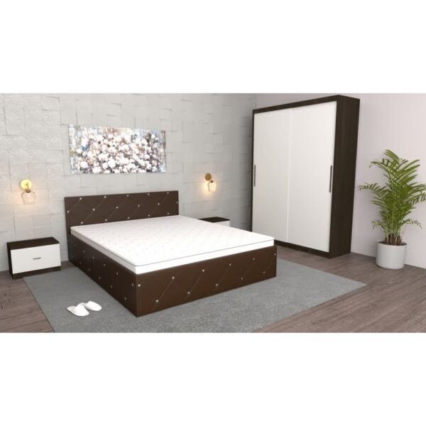Dormitor Milano Wenge cu Dulap usi Glisante fara oglinda, Pat Matrimonial Wenge si Noptiere Wenge