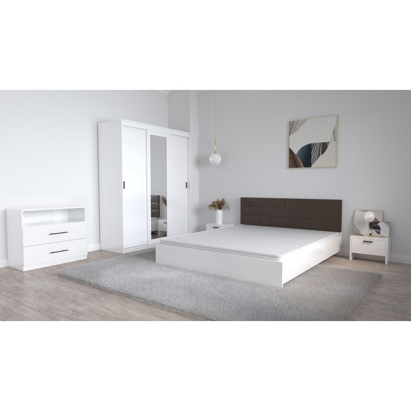 27-1.jpg Set Dormitor Coral Alb cu tablie tapitata Wenghe Dressing 3 usi glisante cu oglinda Noptiere si Comoda TV Royal - imagine 1