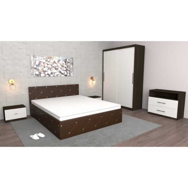 Dormitor Milano Wenge cu Comoda TV Wenge,Dulap Usi Glisante Wenge, Pat Matrimonial Wenge si Noptiere Wenge