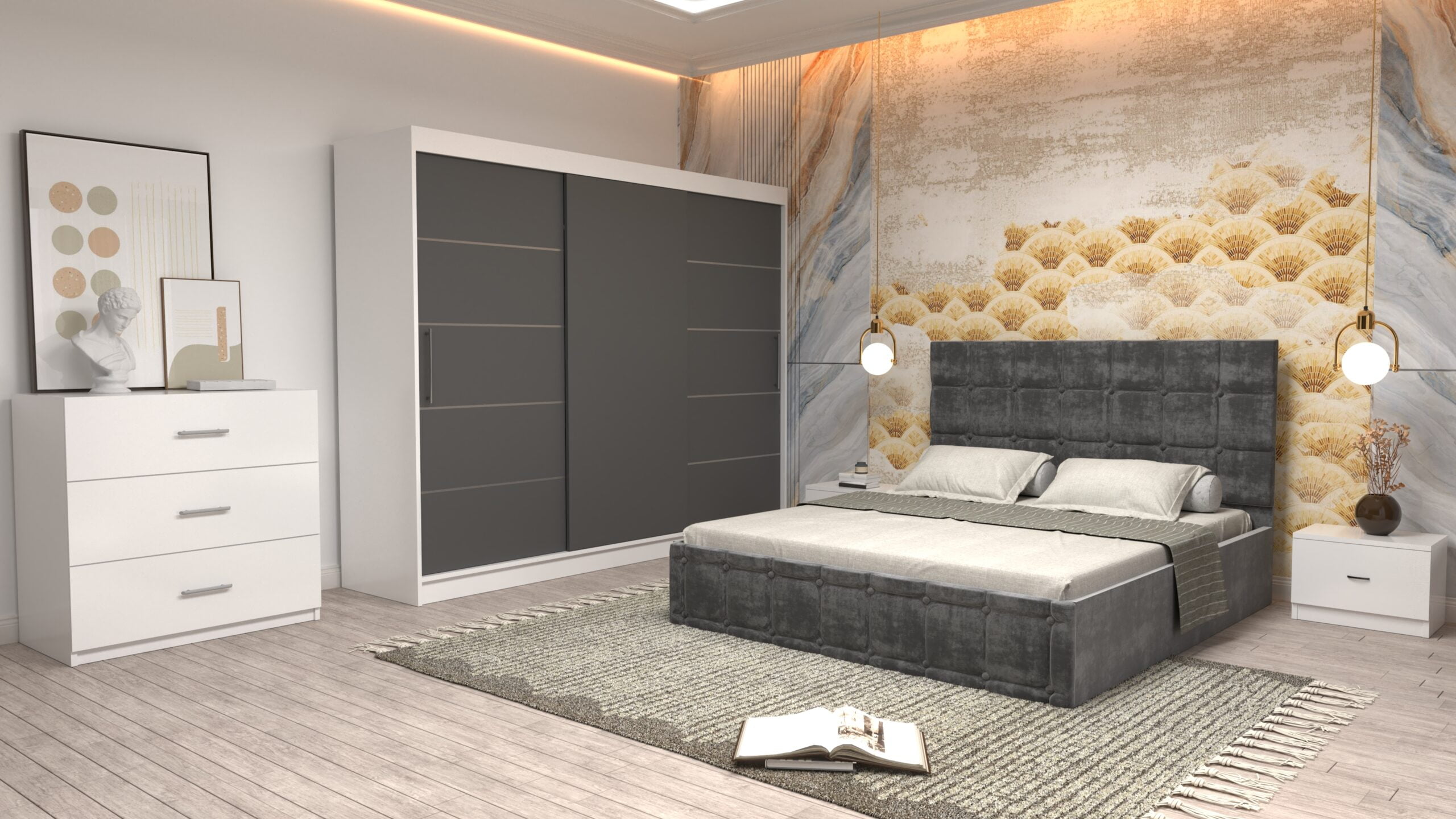 2j-scaled-1.jpg Dormitor Regal cu Pat Matrimonial Gri Stofa Dulap usi glisante 250 x 200 cm Alb cu usi Gri Fara Oglinda Noptiere si comoda TV - imagine 1