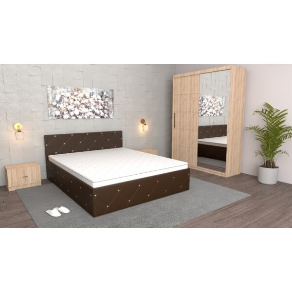 Dormitor Milano Wenge Sonoma cu Dulap usi glisante cu oglinda Sonoma, Pat Matrimonial Wenge si Noptiere Sonoma