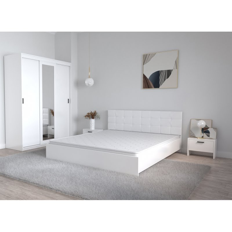 32-1.jpg Set Dormitor Coral Alb cu tablie tapitata Dressing 3 usi glisante cu oglinda si Noptiere - imagine 1