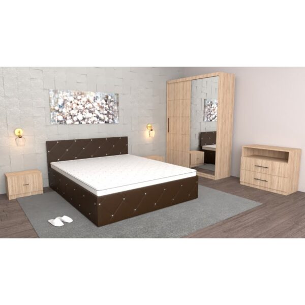 Dormitor Milano Wenge Sonoma cu Comoda Tv Sonoma, Dulap usi Glisante cu oglinda Sonoma, Pat Matrimonial Wenge si Noptiere Sonoma
