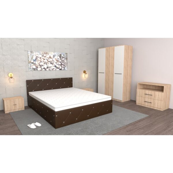 Dormitor Milano Wenge Sonoma cu comoda Tv Sonoma,Dulap 3 usi Sonoma, Pat Matrimonial Wenge si Noptiere Sonoma