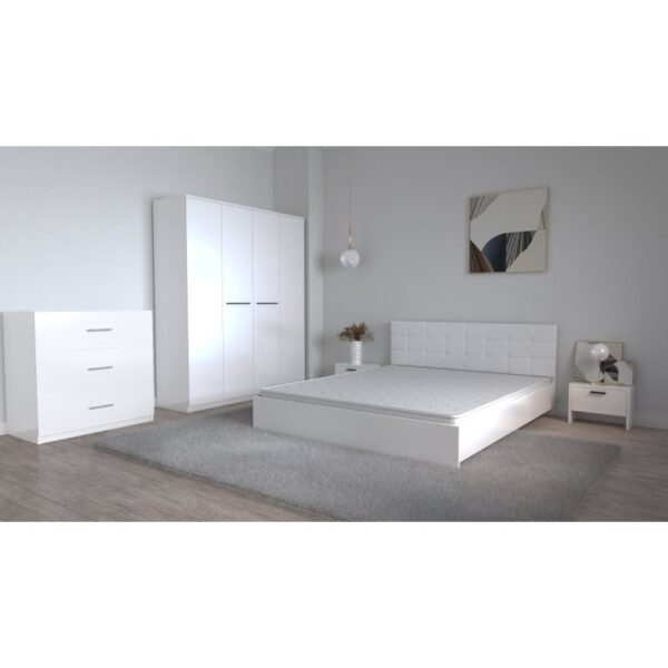 Set Dormitor Coral Alb cu tablie tapitata Dulap Lorena 4 usi Noptiere si Comoda Tv 3 sertare