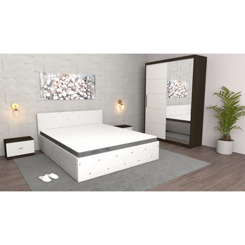 4.jpg Dormitor Milano Alb Wenge cu Dulap usi glisante cu oglinda Wenge,Pat Matrimonial Alb si Noptiere Wenge - imagine 1