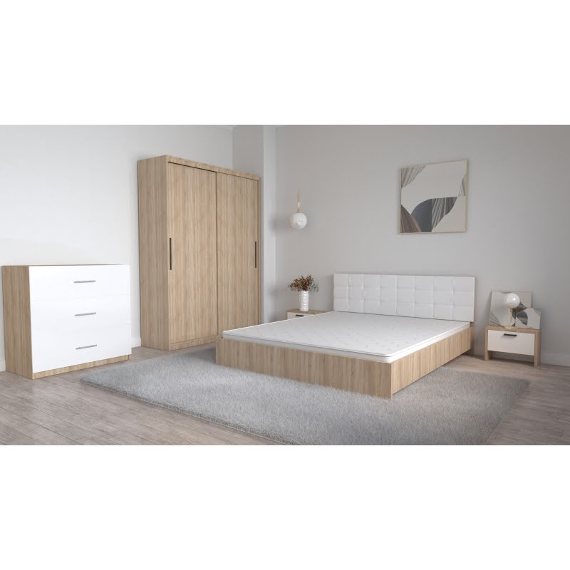 40-1.jpg Set Dormitor Coral Stejar sonoma cu tabli tapitata Alba Dressing 2 usi glisante fara oglinda Noptiere si Comoda TV 3 sertare - imagine 1