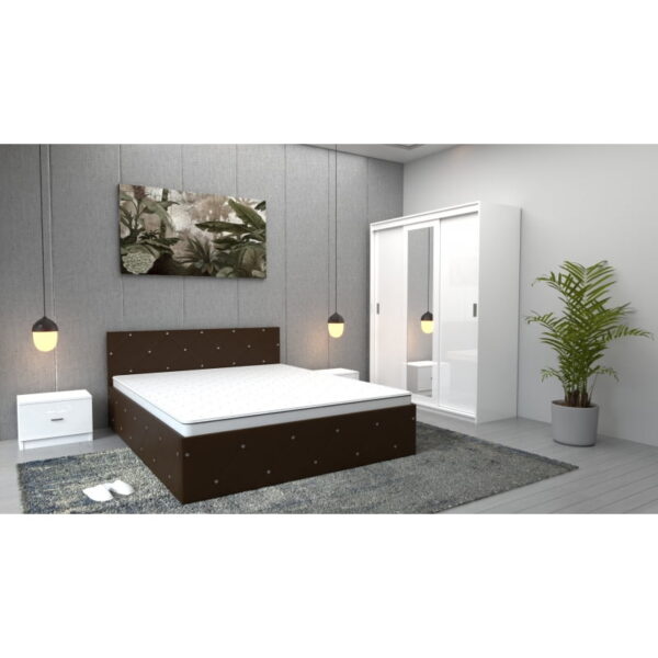 Dormitor Milano Wenge Alb cu Dulap Royal Alb, Pat Matrimonial Wenge si Noptiere Albe