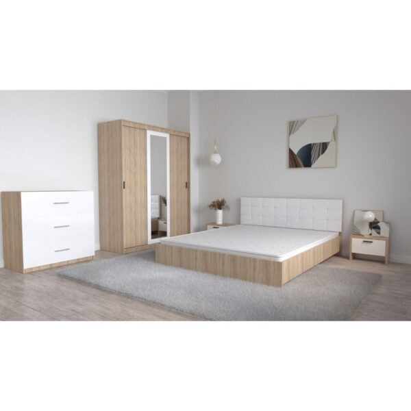 Set Dormitor Coral Stejar sonoma cu tablie tapitata Alba Dressing 3 usi glisante cu oglinda Noptiere si Comoda TV 3 sertare