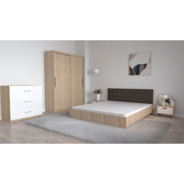 Set Dormitor Coral Stejar sonoma cu tablie tapitata Wenghe Dressing 2 usi glisante fara oglinda Noptiere si Comoda TV 3 sertare