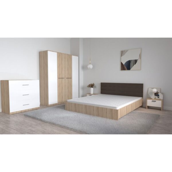 Set Dormitor Coral Stejar sonoma cu tablie tapitata Alba Dulap Lorena 4 usi Noptiere si Comoda TV 3 sertare