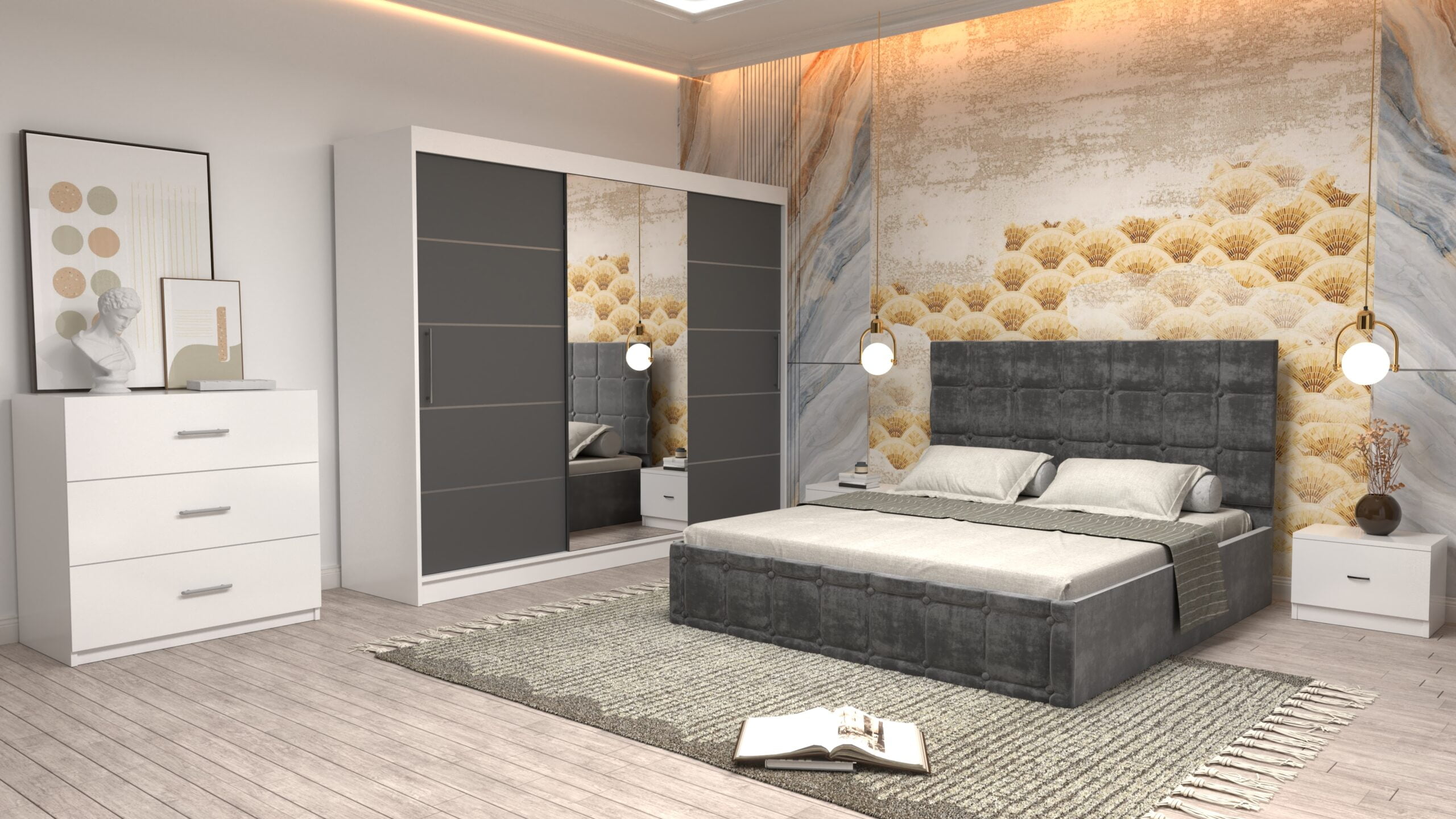 4j-scaled-1.jpg Dormitor Regal cu Pat Matrimonial Gri Stofa Dulap usi glisante 250 x 200 cm Alb cu usi Gri cu Oglinda Noptiere si comoda TV - imagine 1