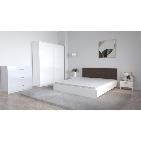 Set Dormitor Coral Alb cu tablie tapitata Magia Dulap Lorena 4 usi Noptiere si Comoda Tv 3 sertare