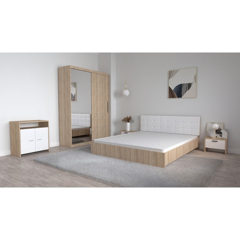 51.jpg Set Dormitor Coral Stejar sonoma cu tablie tapitata Alba Dressing 2 usi glisante cu oglinda Noptiere si Comoda TV Lorena - imagine 1