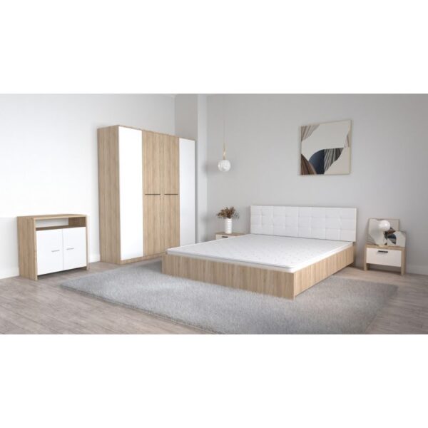 Set Dormitor Coral Stejar sonoma cu tablie tapitata Alba Dulap Lorena 4 usi Noptiere si Comoda TV Lorena