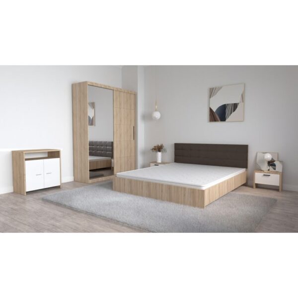 Set Dormitor Coral Stejar sonoma cu tablie tapitata Wenghe Dressing 2 usi glisante cu oglinda Noptiere si Comoda TV Lorena