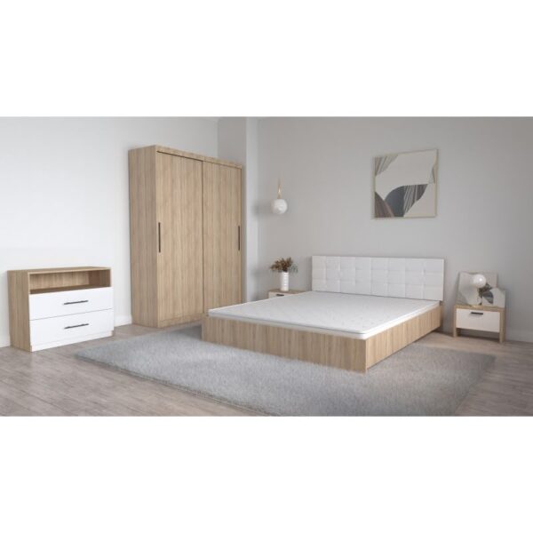Set Dormitor Coral Stejar sonoma cu tablie tapitata Alba Dressing 2 usi glisante fara oglinda Noptiere si Comoda TV Royal