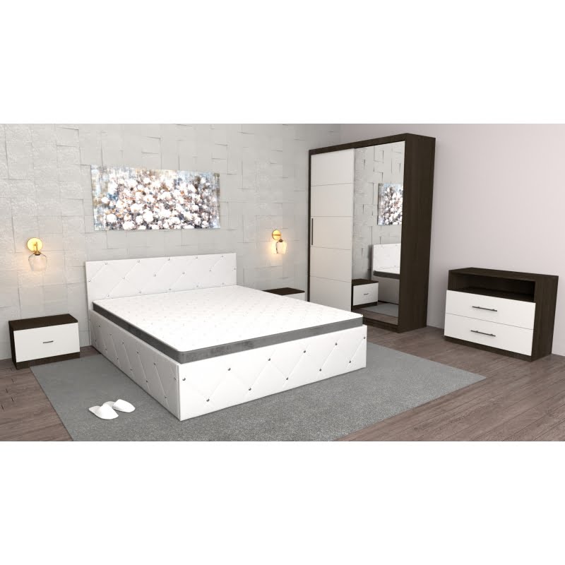 6.jpg Dormitor Milano Alb Wenge cu comoda tv Wenge,Dulap usi glisante cu oglinda Wenge, Pat Matrimonial Alb si Noptiere Wenge - imagine 1